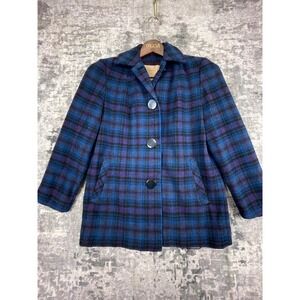 Vtg Pendleton Women's Wool Plaid Peacoat Purple Blue Black Shacket Grunge Retro
